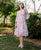 White and Pink Block Printed Tiered Dress with Lace