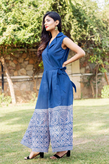 Perfect Fit Indigo Blue Hand Block Printed Cotton Jumpsuit – Missprint India