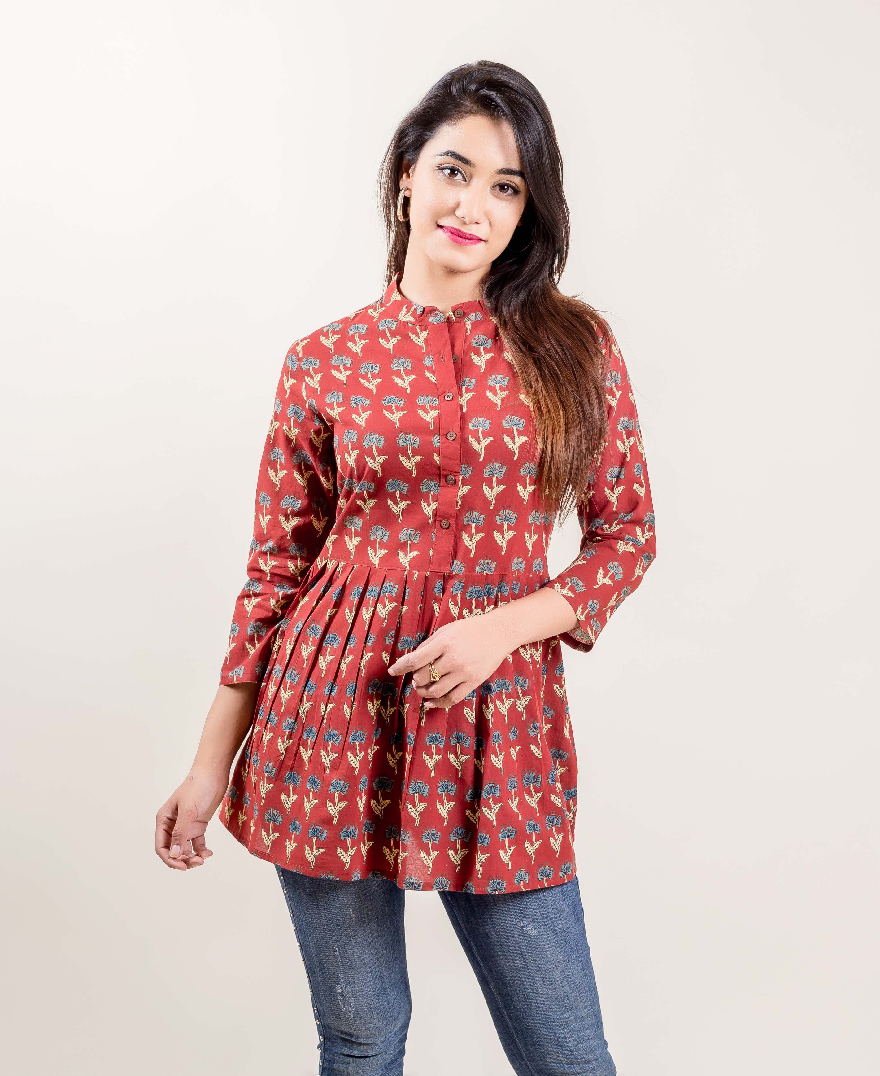 Rust Printed Pleated Cotton Top – Missprint India